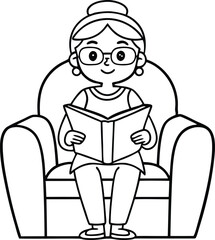 Line art of elderly woman wearing glasses reading book in armchair, transparent