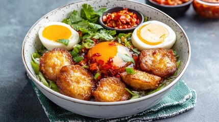 Fototapeta premium Sri Lankan traditional breakfast, kiribath with sambol and chili paste