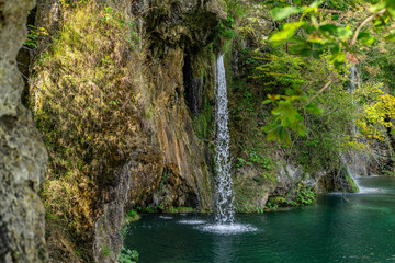 Fototapeta premium Beauty in spring nature, amazing waterfall in forest. Waterfall and pond. Panoramic beautiful deep forest waterfall. Beautiful view to waterfalls with green forest. The tranquil waters of waterfalls.