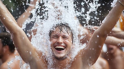 Fototapeta premium A foreign tourist drenched in water, enjoying the festival with a big smile on their face 