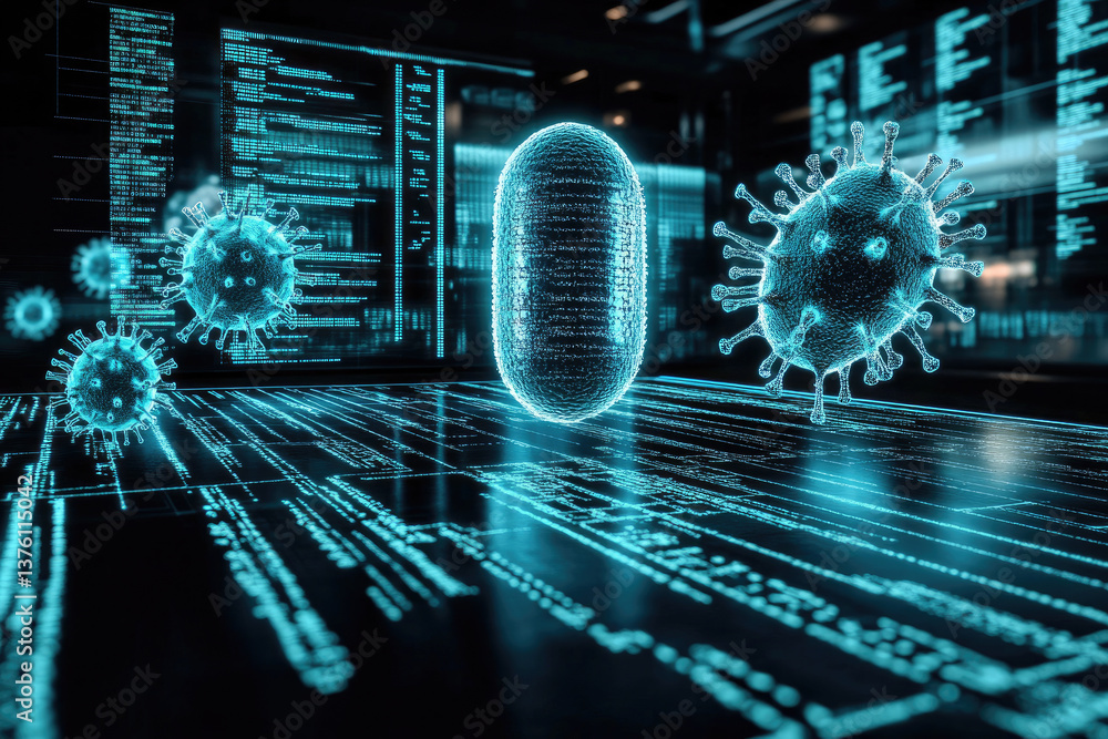 Poster abstract digital visualization of viruses and genetic code, depicting data analysis and research in 