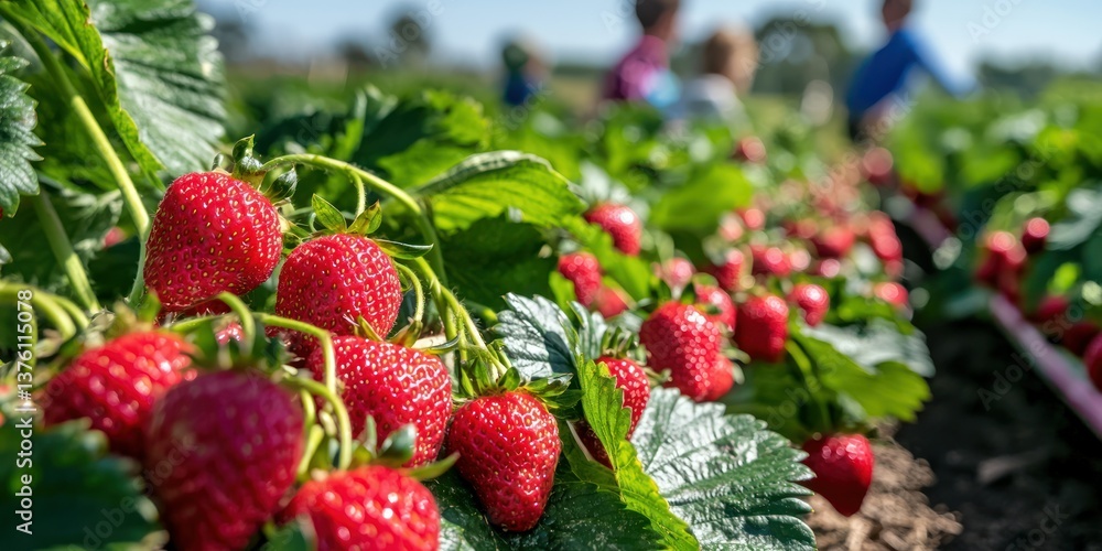 Poster a group of children enjoying a strawberry picking activity on a sunny day, with a farm scene around 
