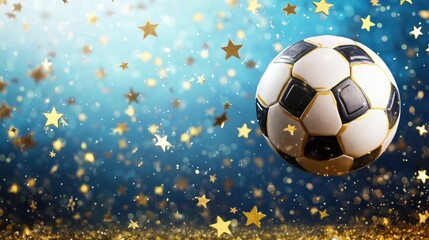 Naklejka premium Soccer ball with gold stars falling on blue background.