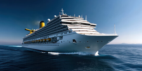 A stunning full-view shot of a cruise ship sailing across the Mediterranean Sea on a bright sunny day.