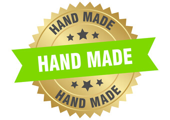 hand made. hand made round green and gold label isolated on transparent background