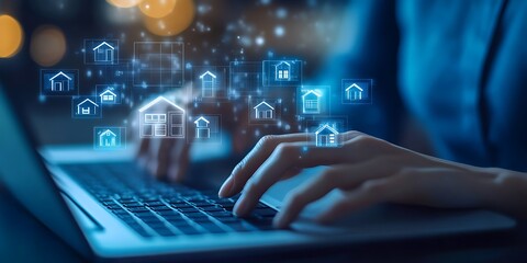 Typing on Laptop with Glowing House Icons, Digital Real Estate Concept