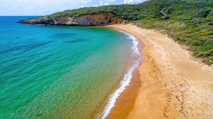 Top-down view of clear turquoise water meeting sandy beach, coastal scene