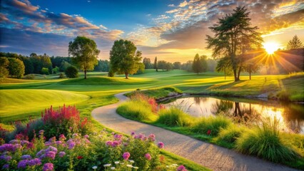Naklejka premium Serene Sunset Vista A Picturesque Winding Path Through Lush Green Fairways, Adorned with Vibrant Blossoms, Leading to a Tranquil Reflecting Pond