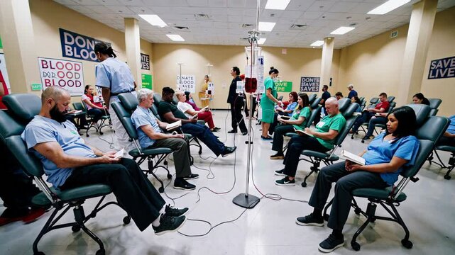 Diverse community members participate in a blood donation drive, sitting in chairs with intravenous lines attached to their arms, contributing to a vital healthcare resource