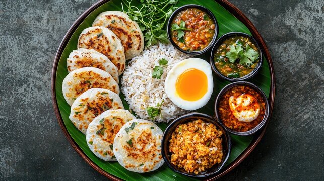 Traditional Sri Lankan kiribath with lunu miris and coconut sambol, top view