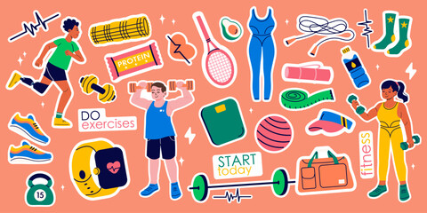 Stickers of fitness gym inventory elements, people doing sports, sport equipment. Man with prosthesis. Healthy lifestyle concept.