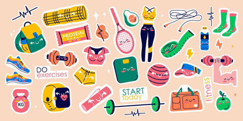 Kawaii stickers of fitness gym inventory elements, sport equipment. Healthy lifestyle