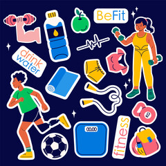 Stickers of fitness gym inventory elements, people doing sports, sport equipment. Man with prosthesis. Healthy lifestyle