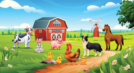 Cartoon farm animals including cow, pig, rabbit, hen, chicks, horse, and dog in green landscape. Vector illustration © YG Studio