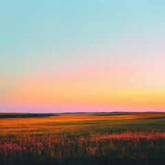 Fototapeta premium A wide shot of a large field at sunset, where the warm orange light casts long, realistic shadows on the tall grasses, and the clear sky above is bathed in pastel hues of pink, orange, and purple