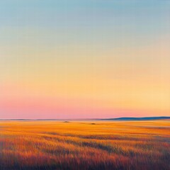 A wide shot of a large field at sunset, where the warm orange light casts long, realistic shadows on the tall grasses, and the clear sky above is bathed in pastel hues of pink, orange, and purple