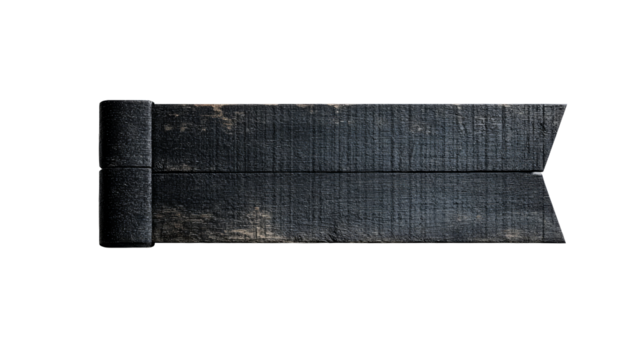 Dark wooden banner with metal trim on sides, cut out transparent