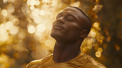 Serene athlete bathed in golden light finds inner peace after exertion