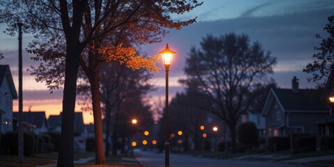 Warm Orange Glow Of Lamp Post At Twilight In Residential Neighborhood