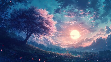 Naklejka premium Cherry Blossom Tree at Sunset with Petals Floating in the Breeze