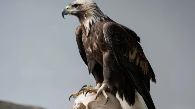mountain eagle sits on a human skull and flaps its wings. A surreal video about the transience of life