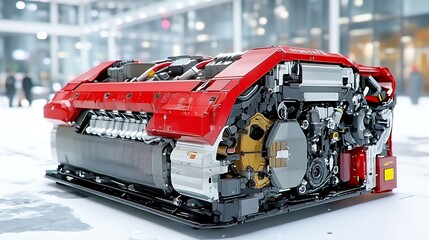 Large Red Industrial Engine with Black Base in Modern Facility Setting for Mechanical Applications