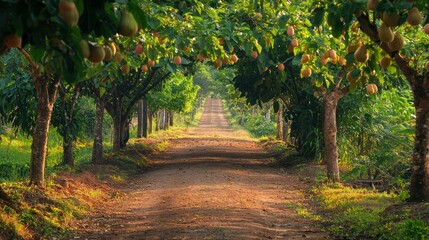 A guava tree-lined path in a rural tropical village during a serene afternoon. 