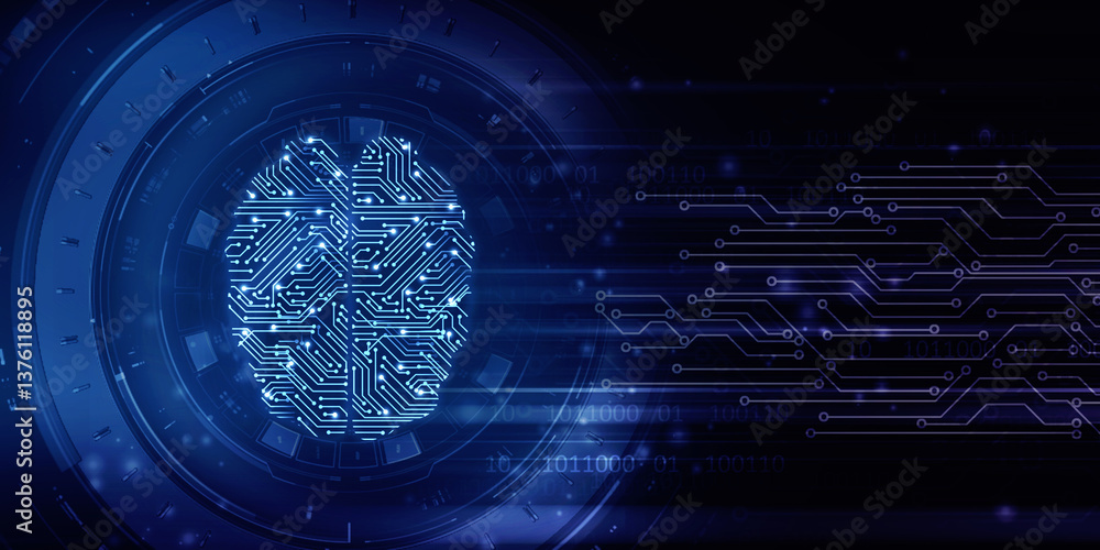 Poster 2d illustration concept of thinking, background with brain, abstract artificial intelligence. techno