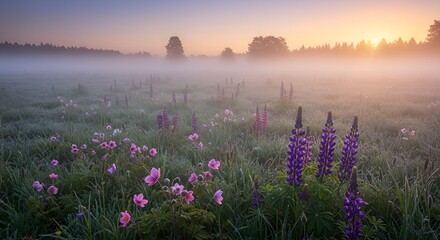 Obraz premium A tranquil spring meadow covered in morning mist, with soft pastel pink and purple wildflowers gently swaying