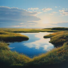 Fototapeta premium A wide, flat field with a small pond reflecting the blue sky, surrounded by tall, soft grasses. The sun creates ripples on the water and highlights the fine details of the grass and water's surface