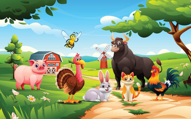 Farm animals including bull, pig, turkey, cat, rooster, rabbit, and bee in green pasture. Vector cartoon illustration © YG Studio