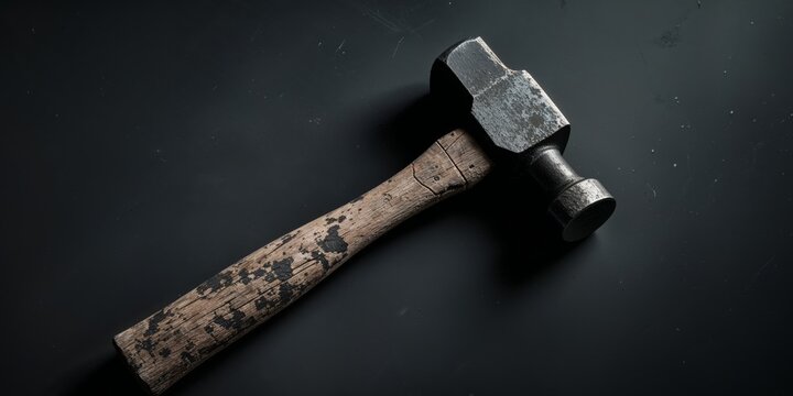 Vintage Hammer Wood Handle Metal Head Tool Black Background.
