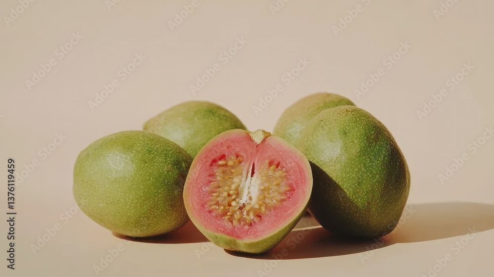 Poster a halved guava with seeds visible, placed next to whole guavas, isolated against light beige.
