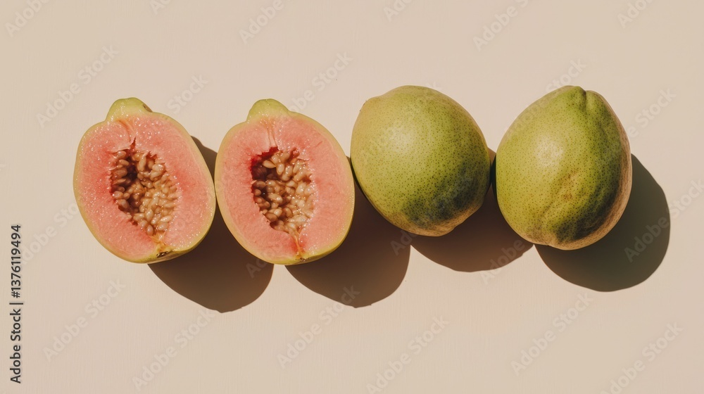 Poster a halved guava with seeds visible, placed next to whole guavas, isolated against light beige.