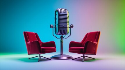 two microphone standing between two dark red armchairs with abstract tech gradient background, concept of podcast interview with guest speaker, space for copy