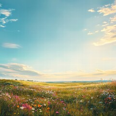 A large, open meadow with soft grass and patches of wildflowers, each flower naturally highlighted by the sunlight, while the sky above stretches endlessly with not a cloud in sight