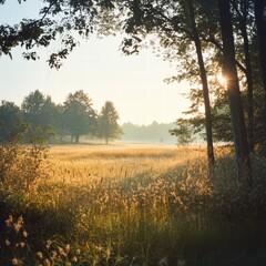 A distant view of a field at the edge of a forest, where the tall grasses and trees meet, with the sunlight casting soft, realistic shadows through the open space, and the sky filling the scene