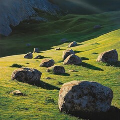 A large, gently sloping field with scattered boulders and patches of grass, the rocks casting long shadows on the grass, while the sunlight illuminates the entire scene realistically