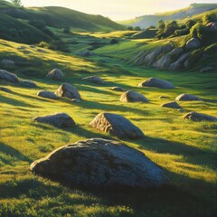 A large, gently sloping field with scattered boulders and patches of grass, the rocks casting long shadows on the grass, while the sunlight illuminates the entire scene realistically
