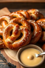 A platter of freshly baked soft pretzels with a shiny, golden-brown crust, sprinkled with coarse salt, and served with a side of warm cheese dip