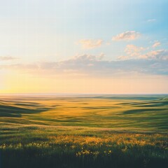 A wide shot of a vast prairie with the light shifting from golden to soft evening tones, the expansive field catching every ray of sunlight as the sky transitions into dusk, creating a peaceful,