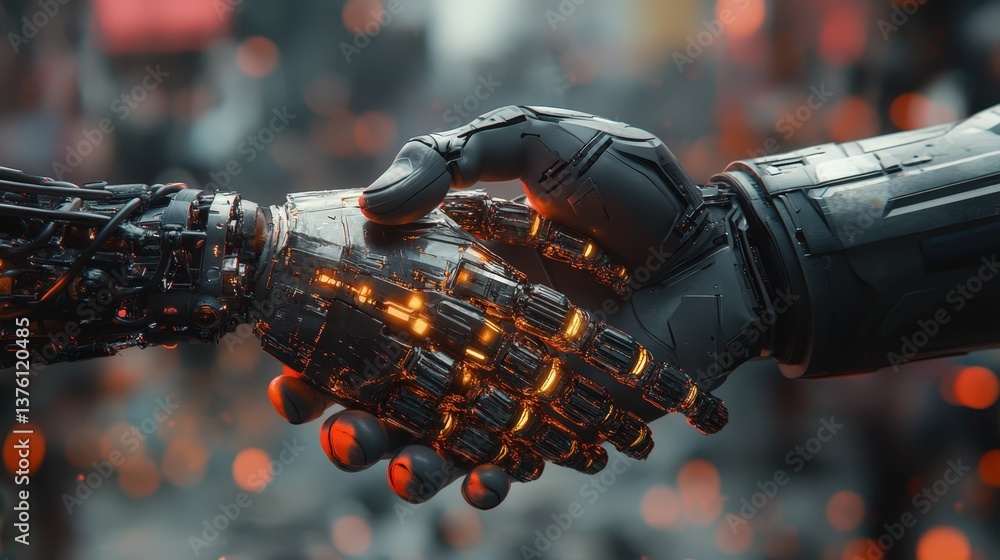 Poster two robotic hands shake in a futuristic city setting symbolizing ai collaboration and technological 