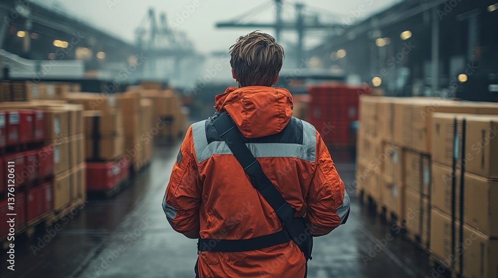 Fototapete a worker wearing an orange jacket walks through a logistics center bustling with activity, surrounde