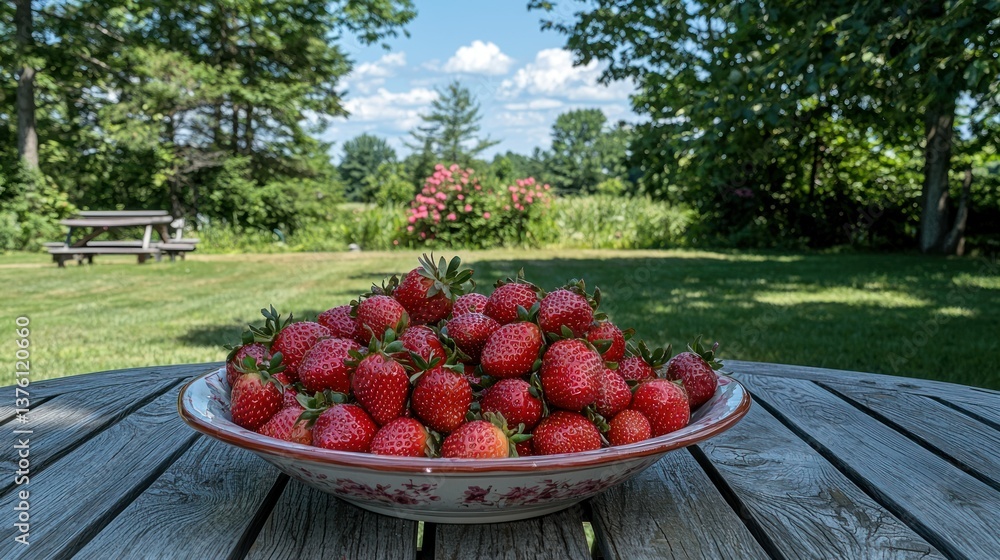 Aufkleber a large bowl of strawberries set on a picnic table with a garden in the background.