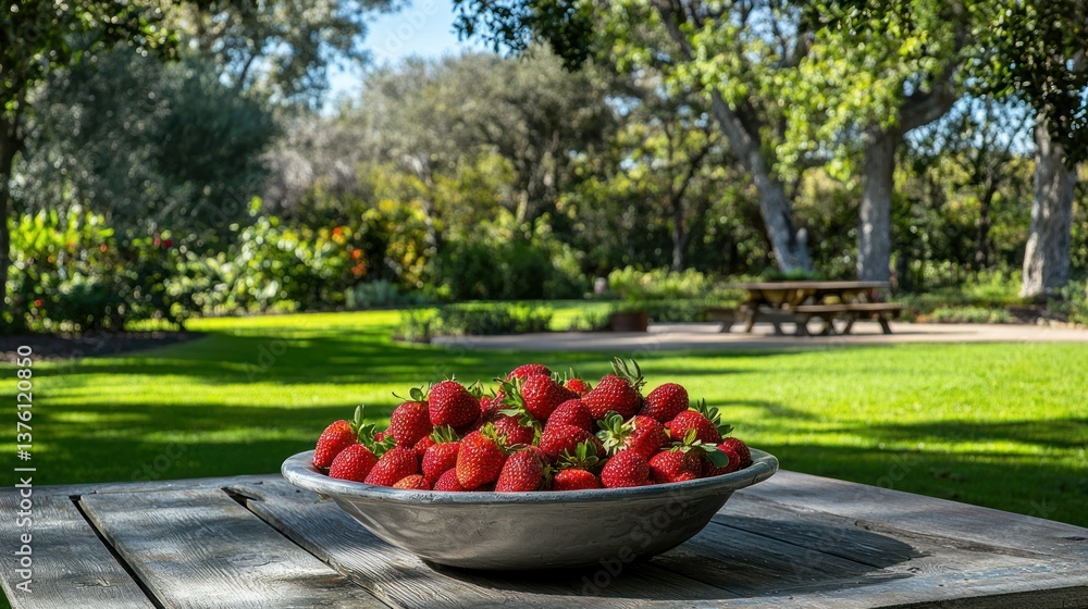 Poster a large bowl of strawberries set on a picnic table with a garden in the background.
