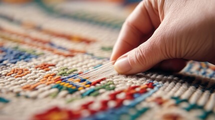 Fototapeta premium Close-up of artisan weaving a detailed Persian rug, showcasing rich colors and cultural craftsmanship
