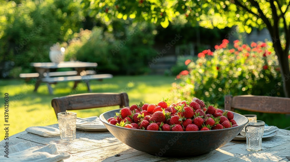 Poster a large bowl of strawberries set on a picnic table with a garden in the background.