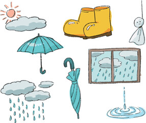 手描きの梅雨のイラストセット