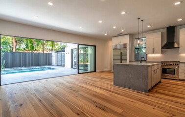 Modern Kitchen Interior with Hardwood Floors and Pool Access Creates Luxury Living