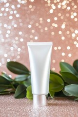 Minimal skincare tube mockup on a soft glitter background, combining clean beauty aesthetics with a touch of elegance